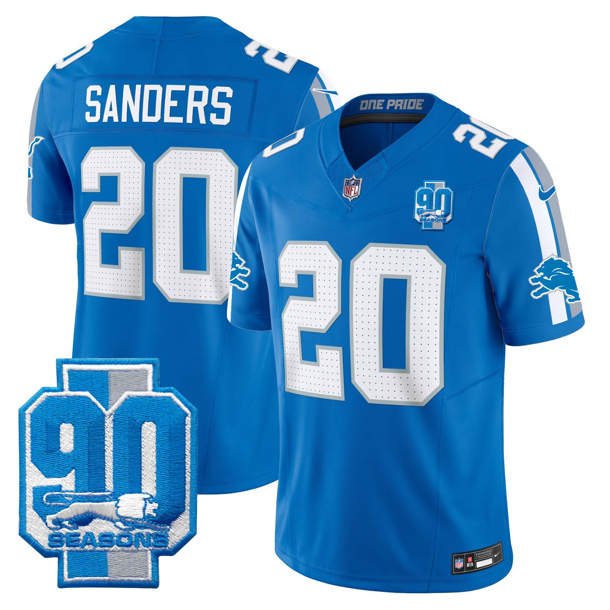 Men Detroit Lions 20 Sanders Blue 2024 Nike 90th Year Patch Vapor Limited NFL Jersey